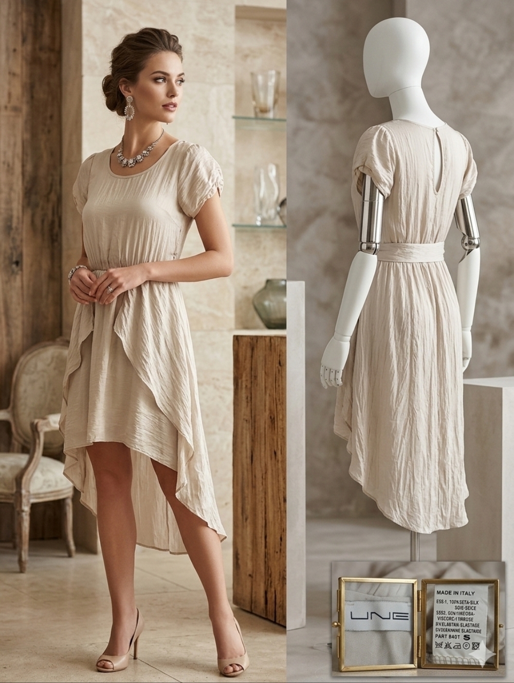 Silk Hi Low Dress Cream Size S Tie Waist Flowy Short Sleeve